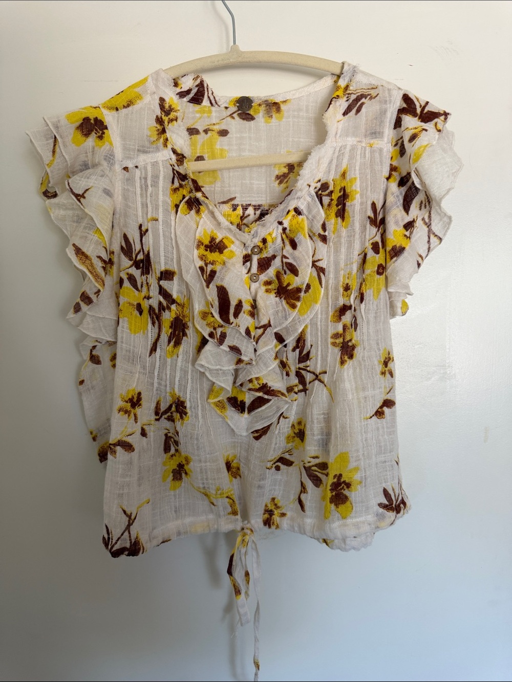 Free People White Floral Ruffle Tie-Hem Blouse - Yellow & Brown